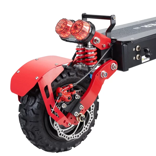 Rear wheel setup view of obarter x3 2400w electric scooter for adults showing mud guard, tire, brake system, suspension and indicator light
