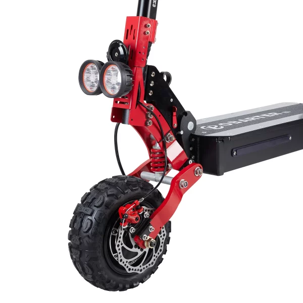 Front tire setup view of obarter x3 2400w electric scooter for adults showing tire, brake system, suspension and headlight